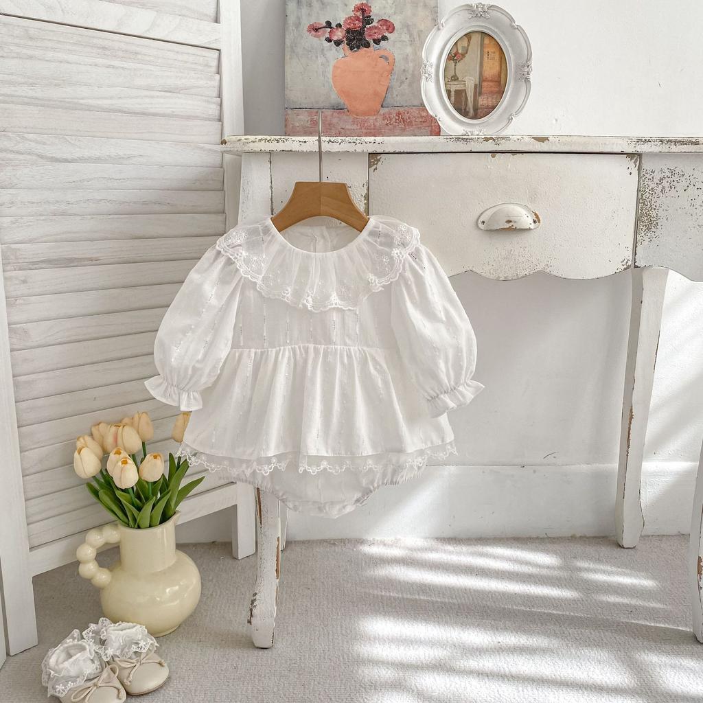 Spring Baby Girl Romper Long Sleeve Ruffled Round Neck Princess Bodysuit Dress For 100 Days Celebration