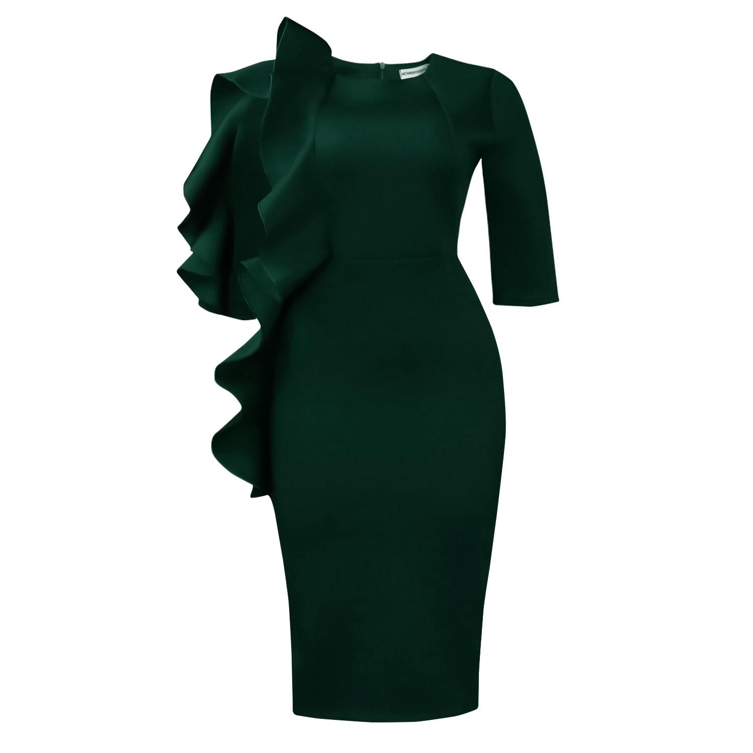 

D608 Women s Elegant African Dress - Round Neck, 3/4 Sleeve, Ruffle Style L зелёный