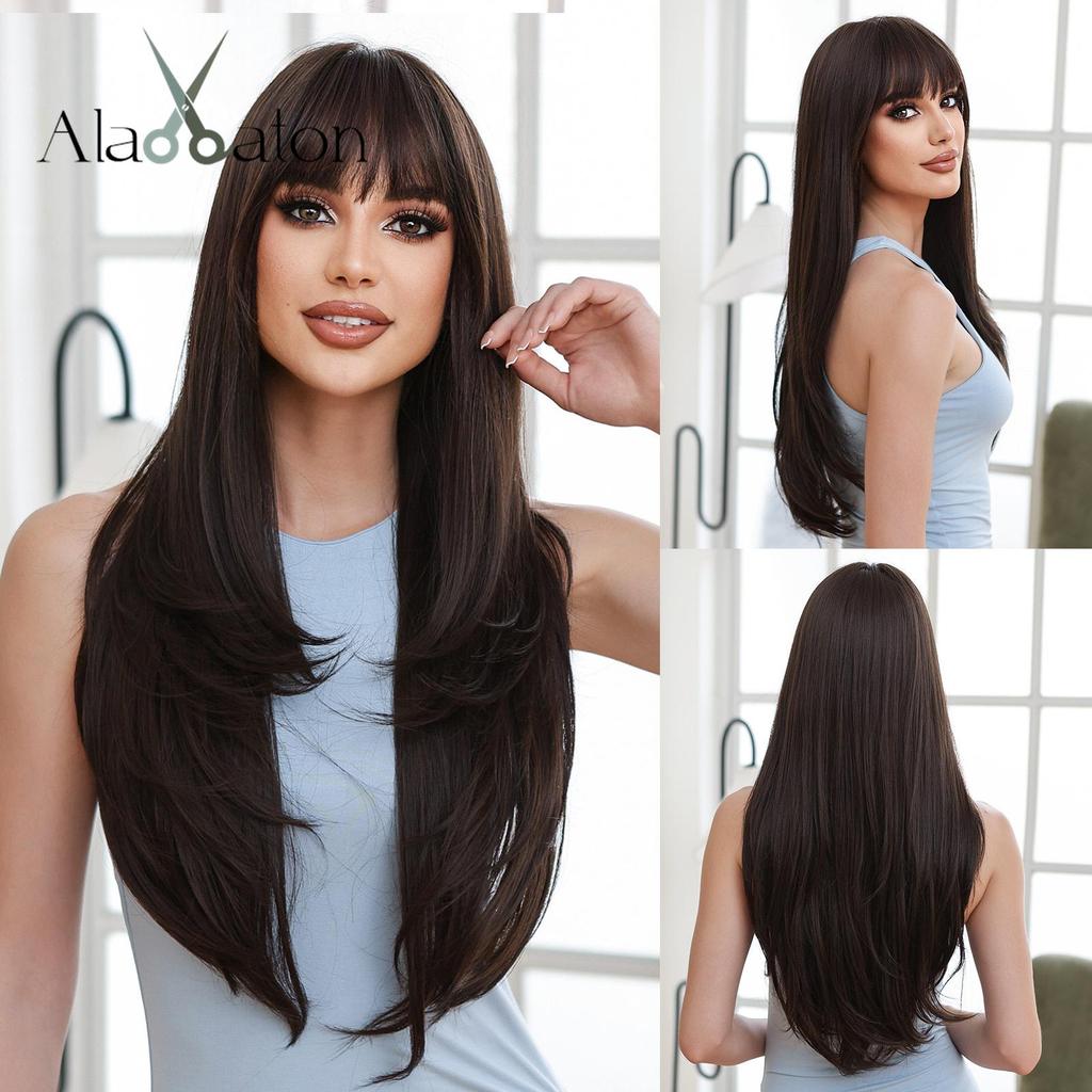 ALAN EATON Long Straight Wigs Black Synthetic Wigs for Women Cosplay Party Daily Wear Heat Resistant Natural Looking Fiber Wig