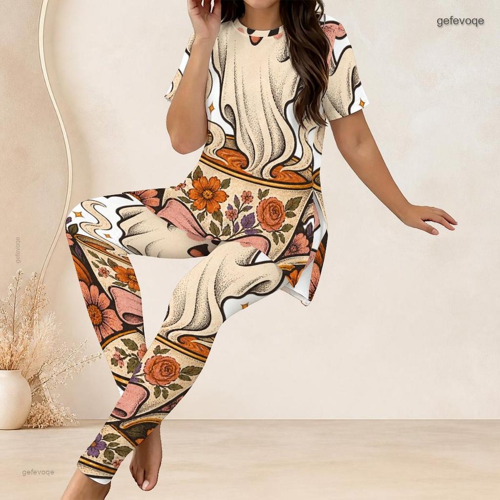Women Plus Size Two Piece Set Round Neck Short Sleeve Cartoon Lamb Printed Top Fitted Long Pants