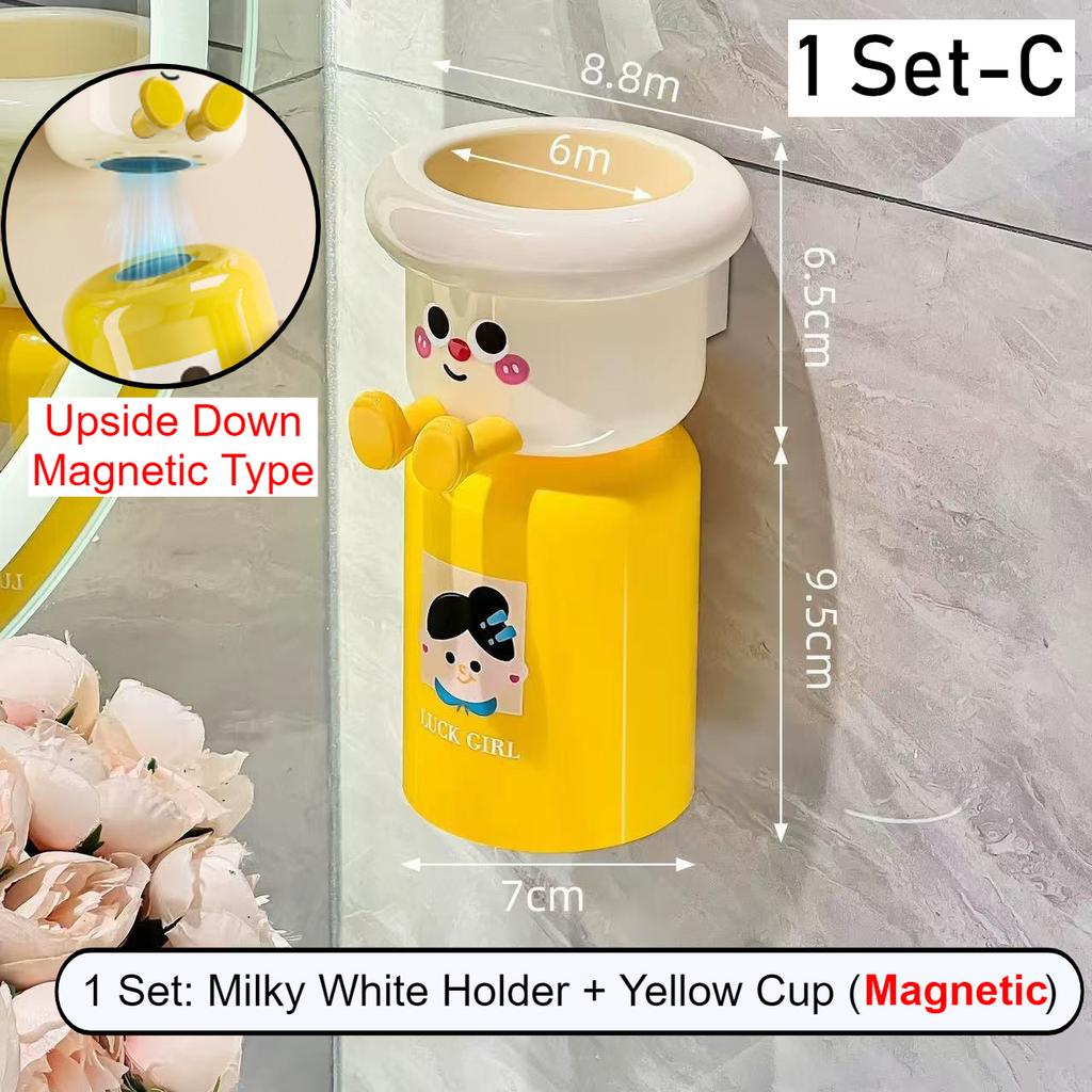 Cartoon Toothbrush Cup Holder Magnetic Punch-Free Upside Down Toothbrush Cup Wall Mounted Bathroom Toothbrush Stand Storage Rack