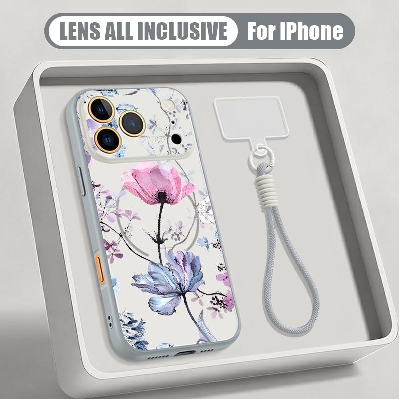 Floral Pattern Hand Strap Case For iPhone 17 Pro Max Hybrid TPU+PC Magnetic For Magsafe Matte Cover For iPhone 16 15 14 13 Pro Max