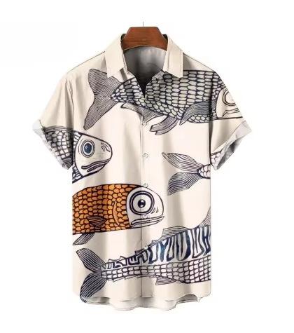 Cute Fish Pattern Hawaiian Shirt Men s Marine Animal 3D Printed Short Sleeve Shirt Casual Vacation Beach New XXS