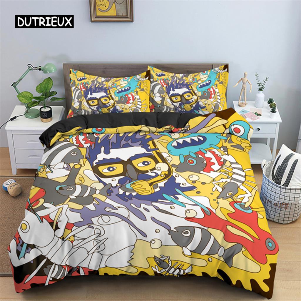 Abstrakte menschliche Gesichter Bettbezug Twin Full King Double Mikrofaser Mystische Kunstwerk Bettbezug Psychedelische Graffiti Bettwäscheset