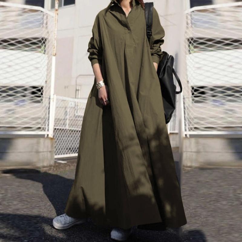 Women Turn-down Collar Long Sleeve Shirt Dress Loose Plain Maxi Blouse Dresses
