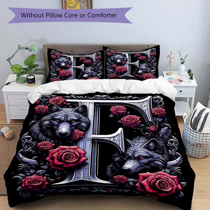 

3pcs Wolf Roses Bedding Set, Includes 1 Quilt Cover and 2 Pillowcases, Comfortable Bedding with Stylish Design for Bedroom 135x200cm