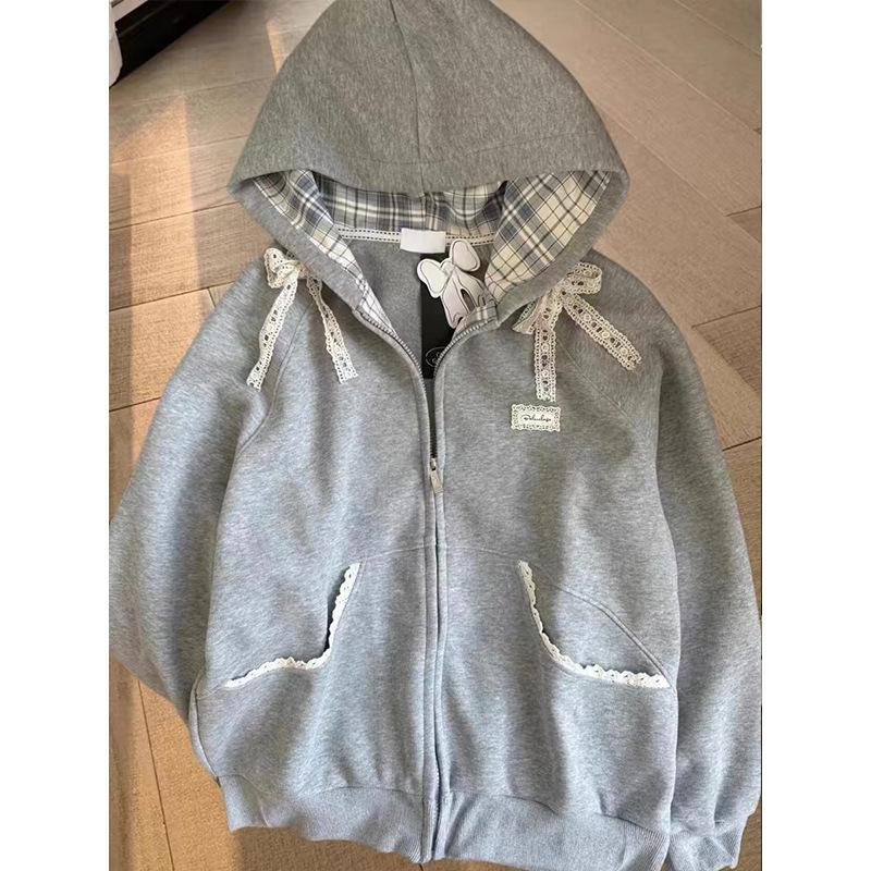 

Толстовки с кружевной вставкой и капюшоном для женщин, милая толстовка с бантом и длинным рукавом, в стиле преппи, сладкая, свободного кроя, с длинным рукавом, женская, серая верхняя одежда 2XL