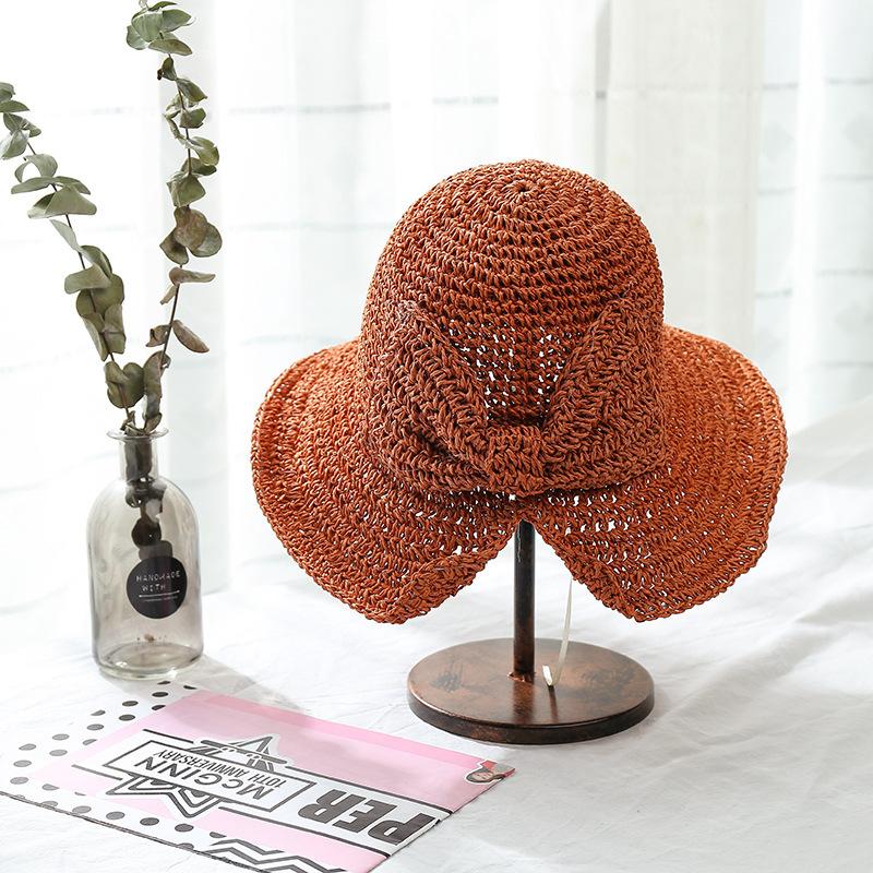 Simple small edge straw hat women's summer casual basin hat bow basin hat travel crochet foldable sunshade sun hat