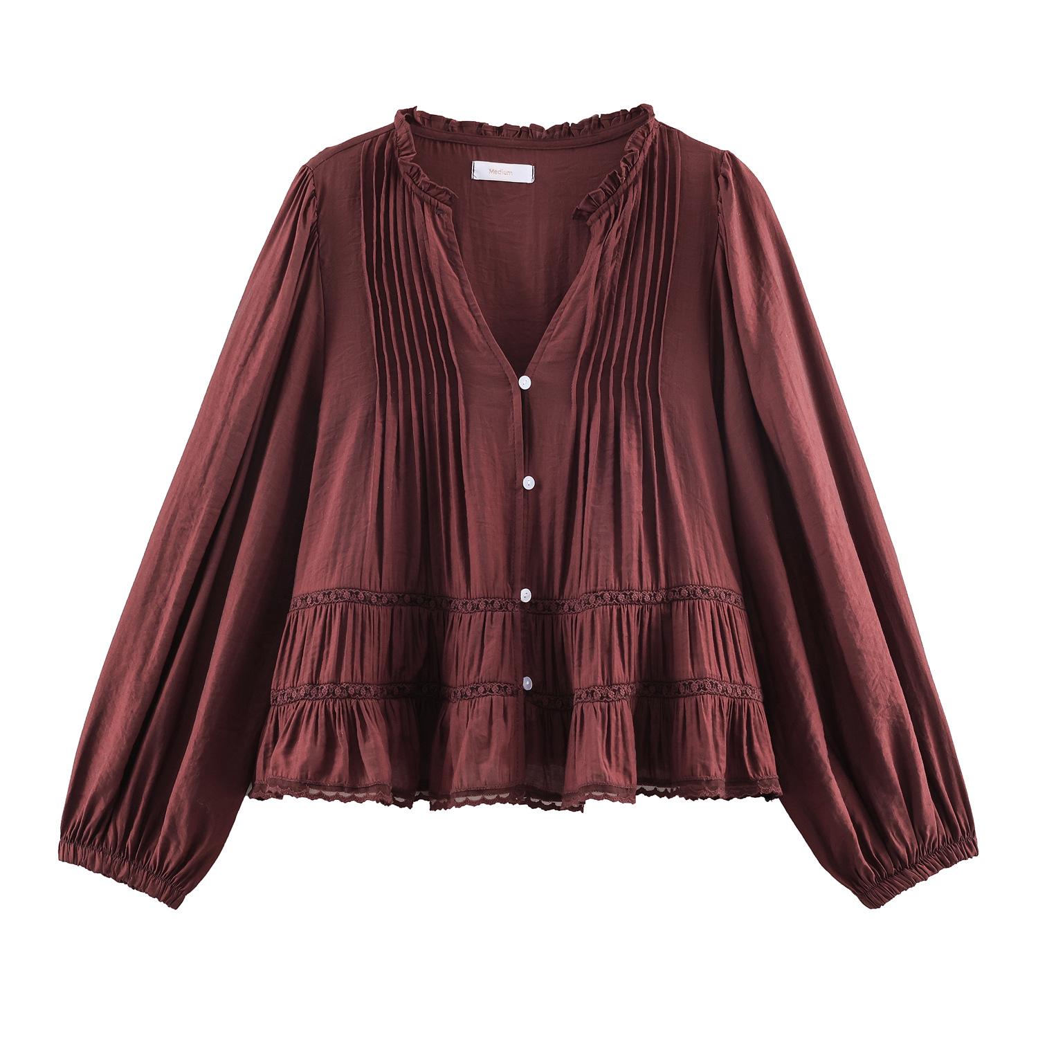 2025 Autumn/Winter Women s Lace Button-Up Shirt - European/American Versatile Style Small вино красного