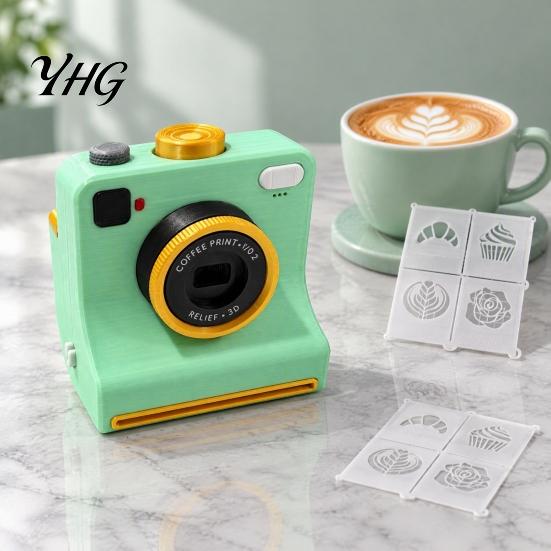 Mechanical Latte Art Camera 3D Printed Coffee Printer, Manual One-Click Powder Stencil Maker with DIY Drink Decorator Interchangeable Template