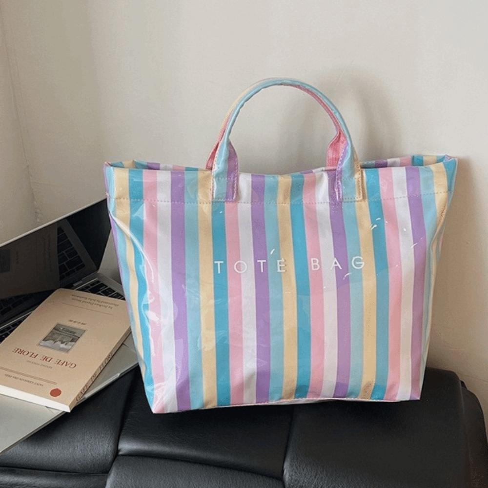 Large Capacity Striped Tote Bag Colorful Shoulder Bag Multi-Functional PVC Handbag Daily