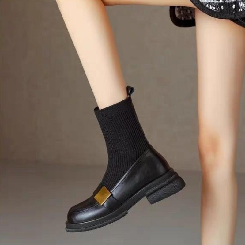 Knitted Elastic Slim Ankle Boots Women's 2025 Autumn and Winter New Loafers Vintage Mid Chunky Heel Casual Wear Footwear
