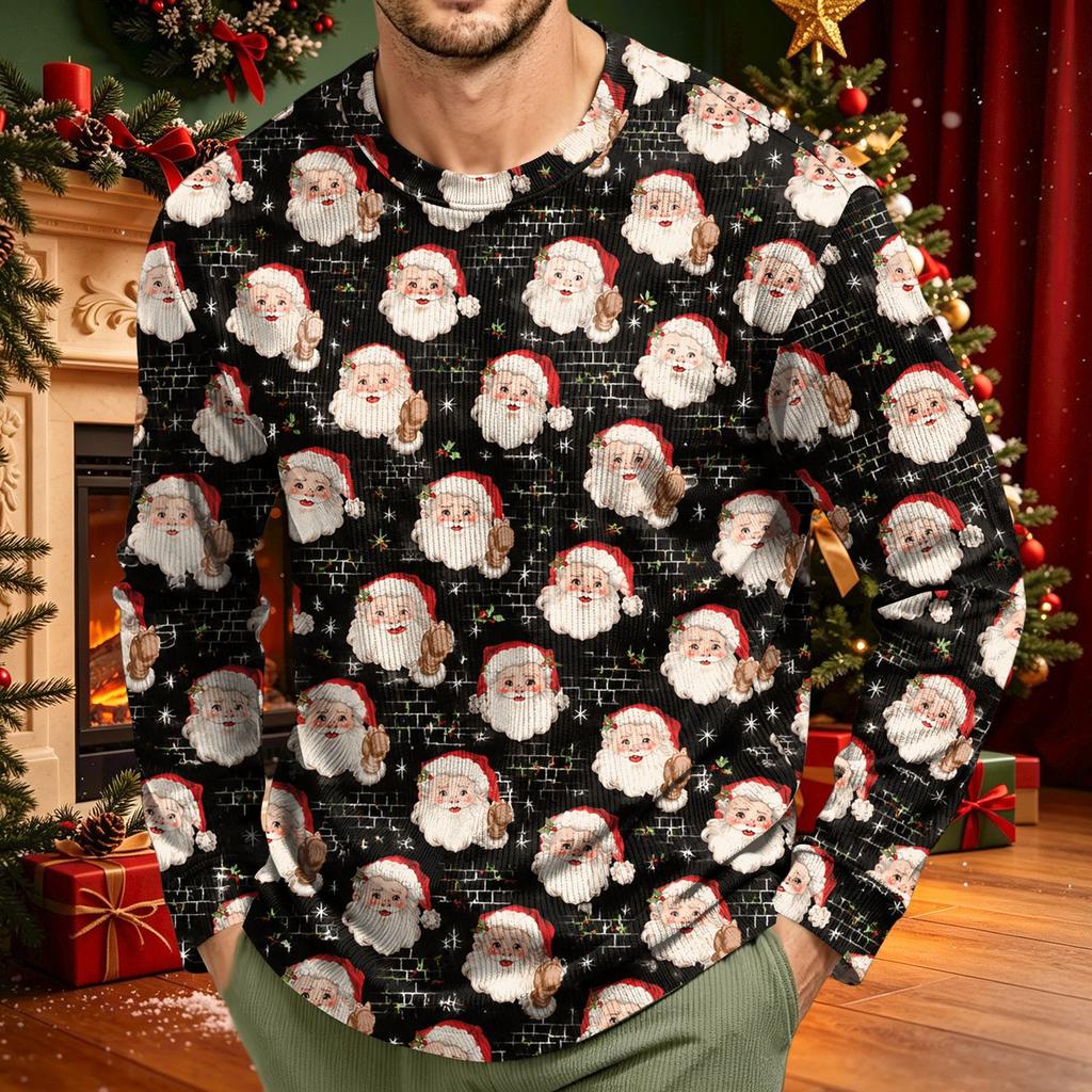 Men's Corduroy Long Sleeve Crewneck Top with Christmas Print for Holiday Casual Wear