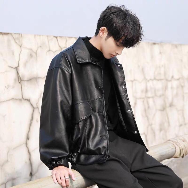 Trendy and Handsome Loose PU Leather Jacket Men's Motorcycle Suit Pilot Leather Jacket Student Spring and Autumn Jacket