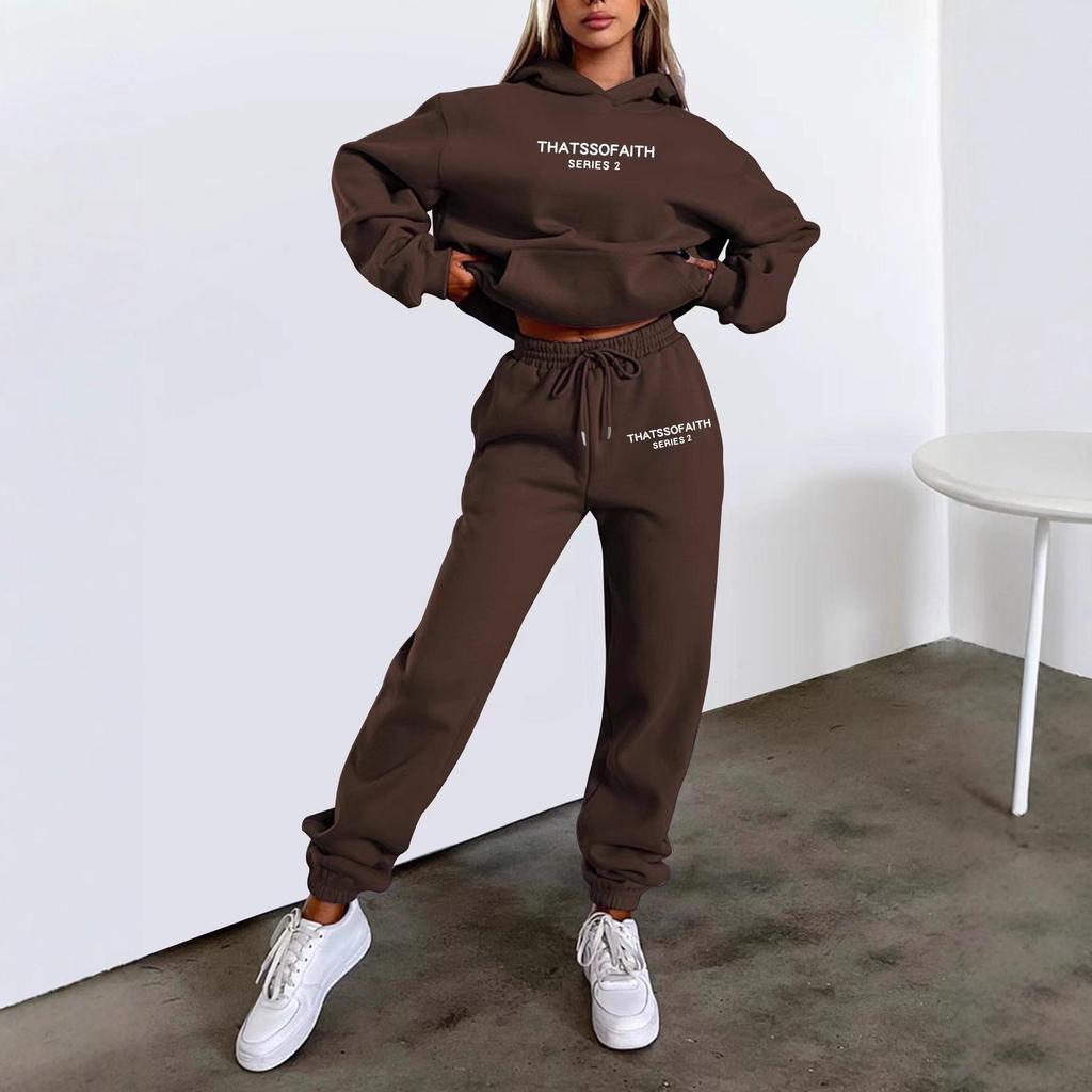 Set Felpa con Cappuccio e Stampa di Lettere da Donna & Pantaloni Lunghi Foderati in Pile - Alla Moda Stile Europeo