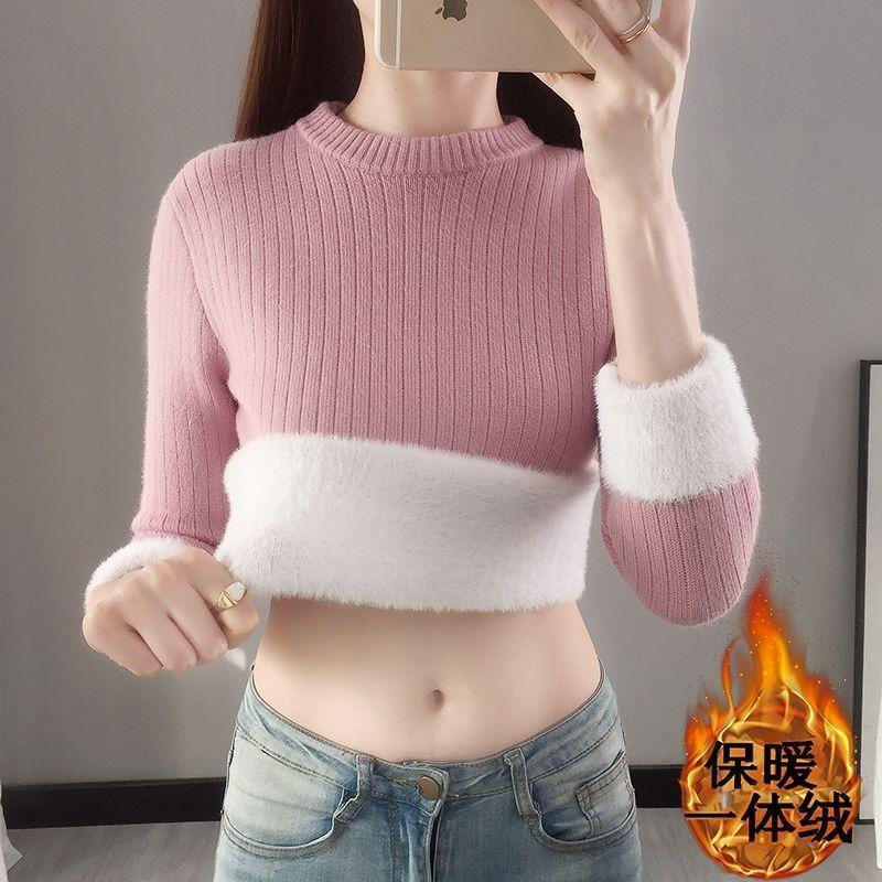 Fleece thickened round neck integrated fleece sweater women's top autumn and winter knitted sweater slim bottoming shirt with long sleeves inside