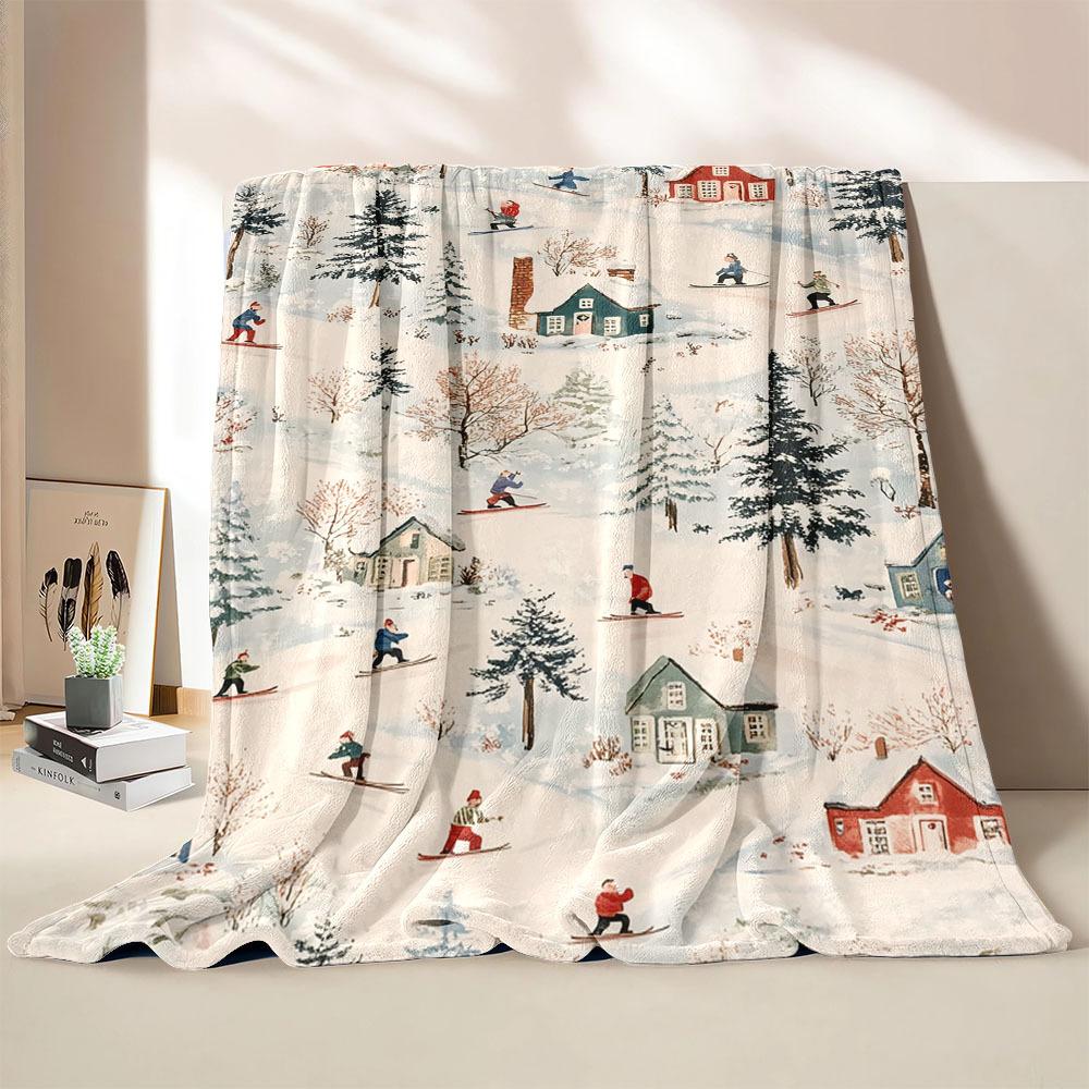 Winterhütte Ski Flanelldecke - 100% Polyester Digitaldruck | Hypoallergen | Ganzjahres Bett-/Reise-/Camping-Überwurf