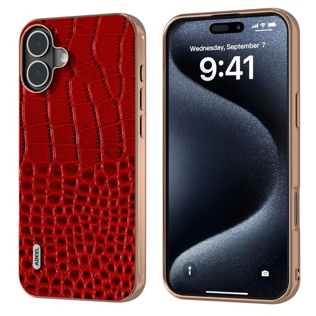 ABEEL For iPhone 16 Plus Case Electroplating Edge Crocodile Texture Genuine Cow Leather Back Phone Cover