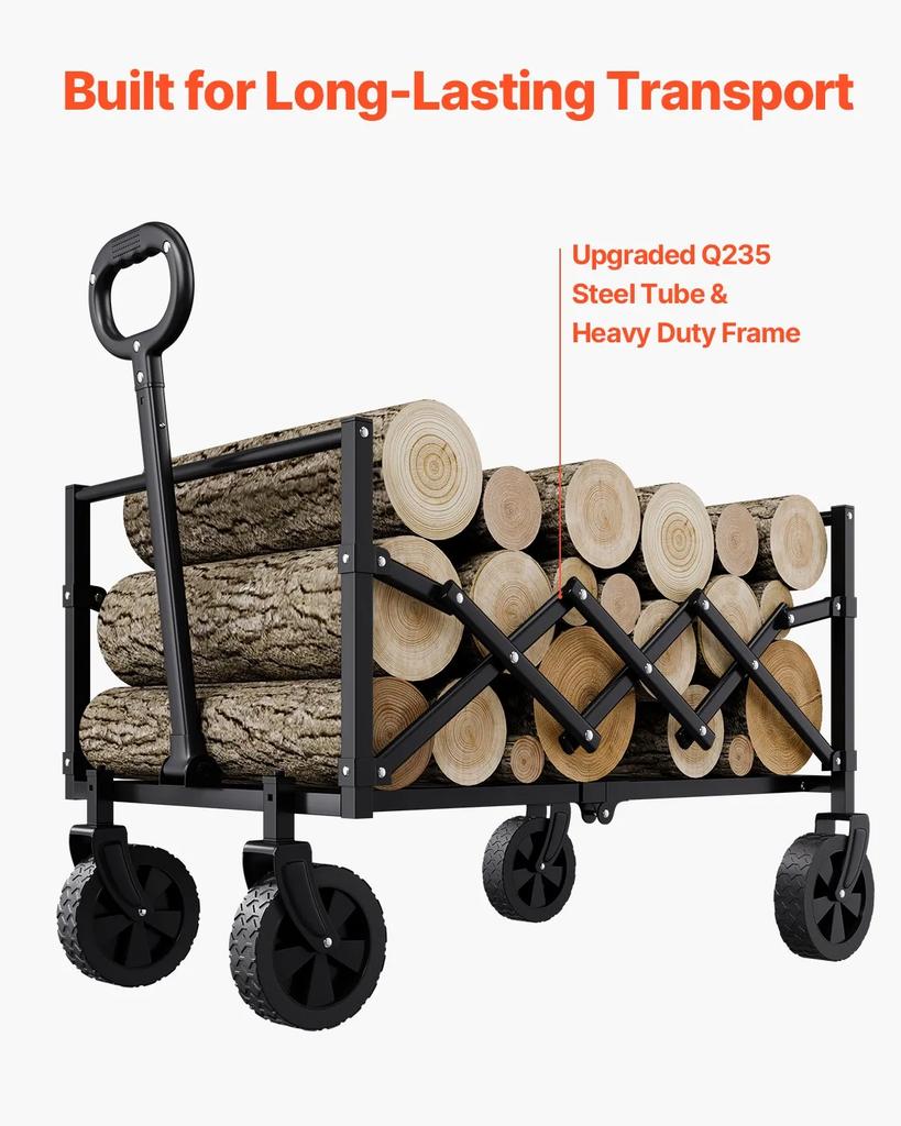 VEVOR Collapsible Wagon Carts, 120L & 225LBS Folding Wagons with All-Terrain Wheels, Heavy Duty Outdoor Utility Cart with Adjustable Handle