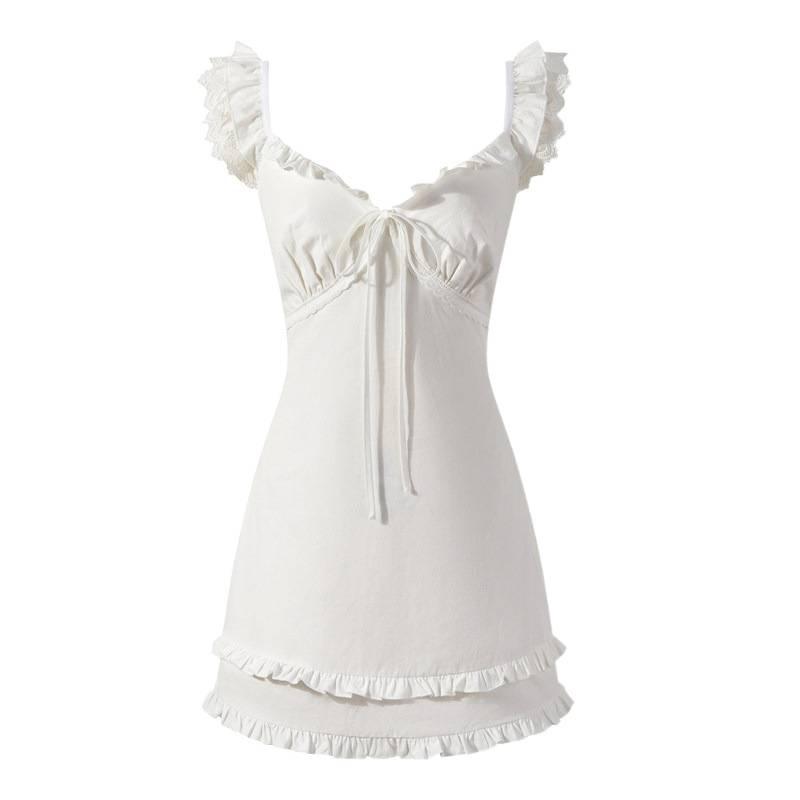 Practice, First Love White Dress, White Suspender Skirt with Ruffle Edge, Short Female High-end French Temperament Fairy Skirt