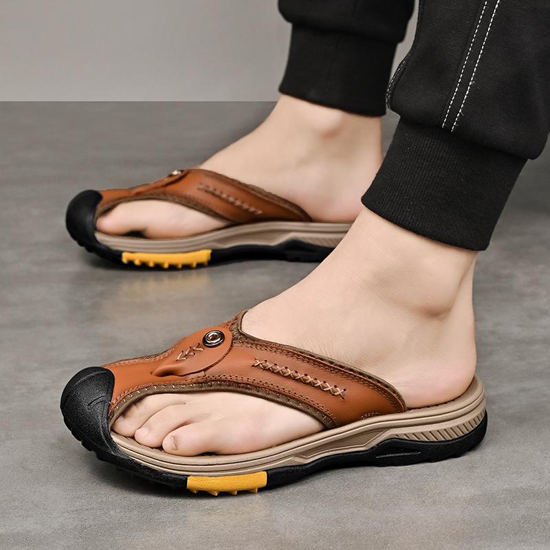 Summer Sandals Genuine Leather Flip Flops Men Classic Roman Sandals Comfortable Slipper Outdoor Casual Non-slip Beach Male Shoes