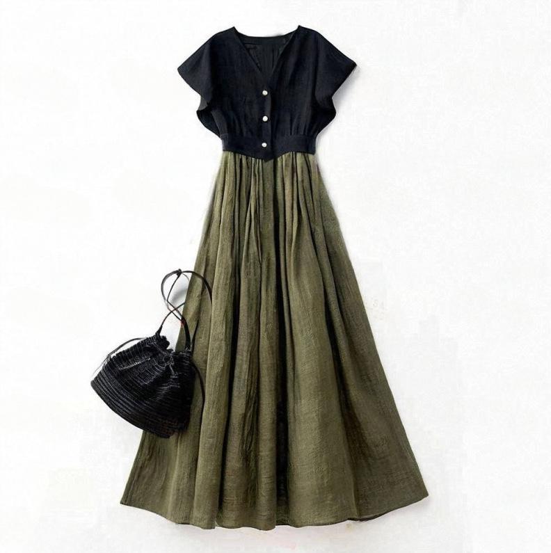 Women s V Neck Sleeveless Maxi Dress Slim Fit Mid Waist Elegant Japanese Color Block Patchwork Summer Dress S