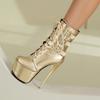 Sexy Women's Heels Boots Platform Stiletto Nightclub Shoes Belt Buckles Decor Ankle Boots Gold Silver Patent Leather Footwear