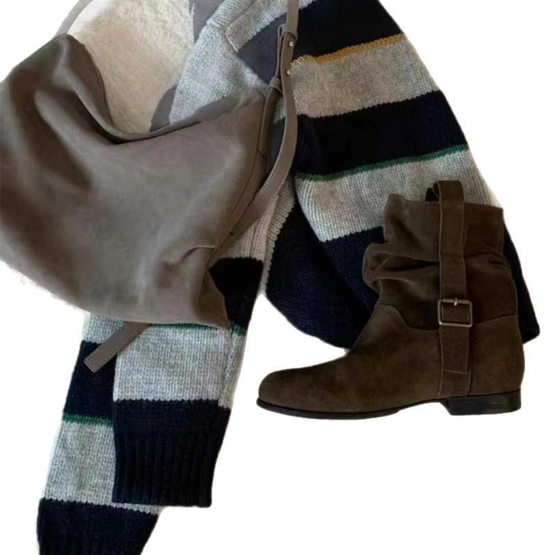 Vintage Cowhide Wrinkled Slouch Ankle Boots - Korean Style Western Cowboy Riding Boots for Women