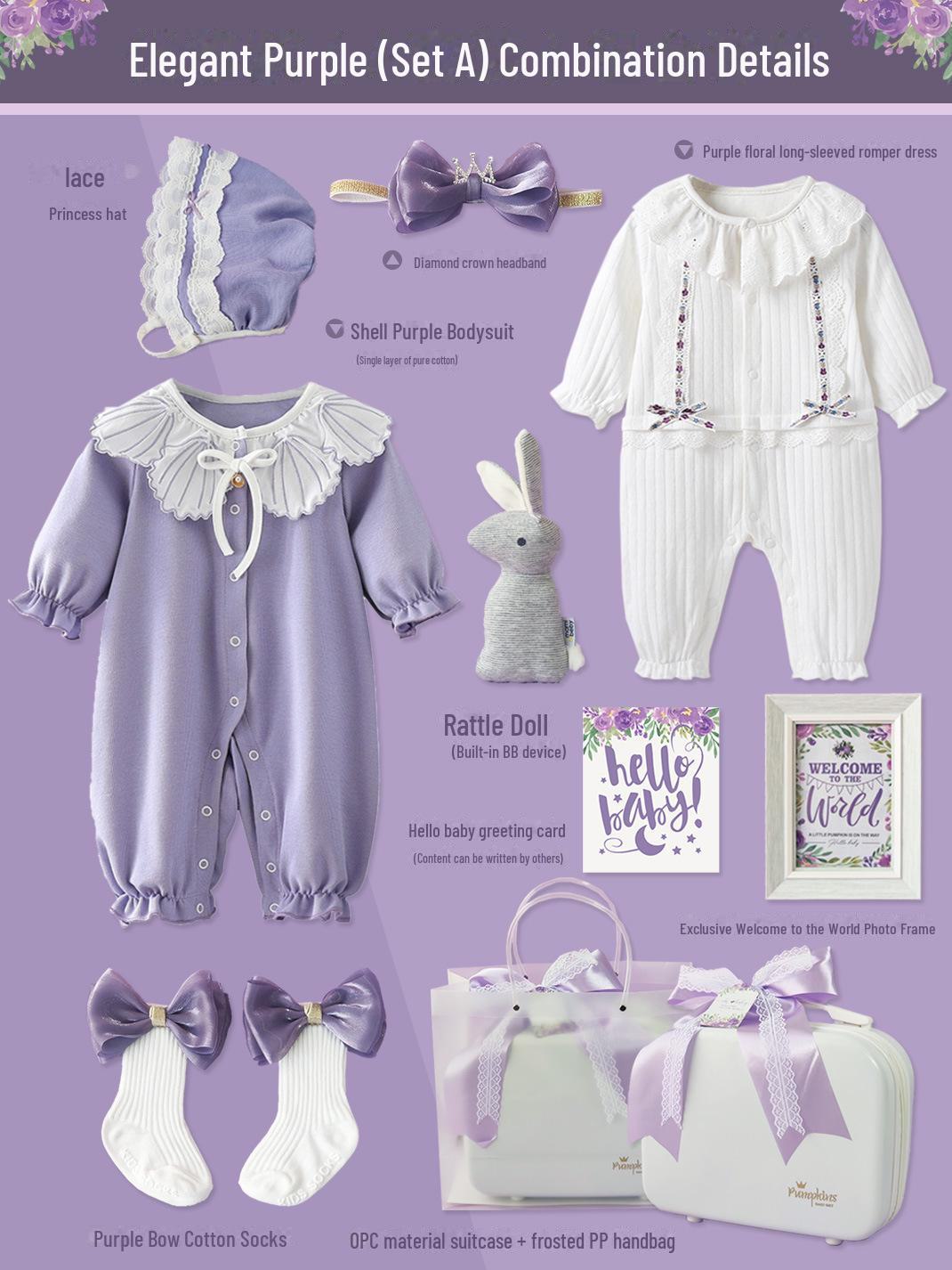 

Подарочная коробка для малышей Little Princess: Комплект из чистого хлопка фиолетового цвета для новорожденных девочек Size 66 (1 month - 3 months)