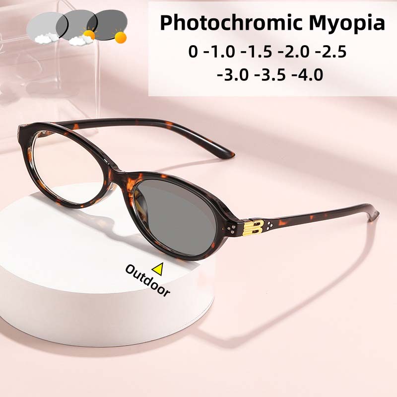 Fashion Trend Oval Photochromic Myopia Glasses Women'S Ultra Light High-Definition Anti Blue Light Glasses Diopter To -4.0