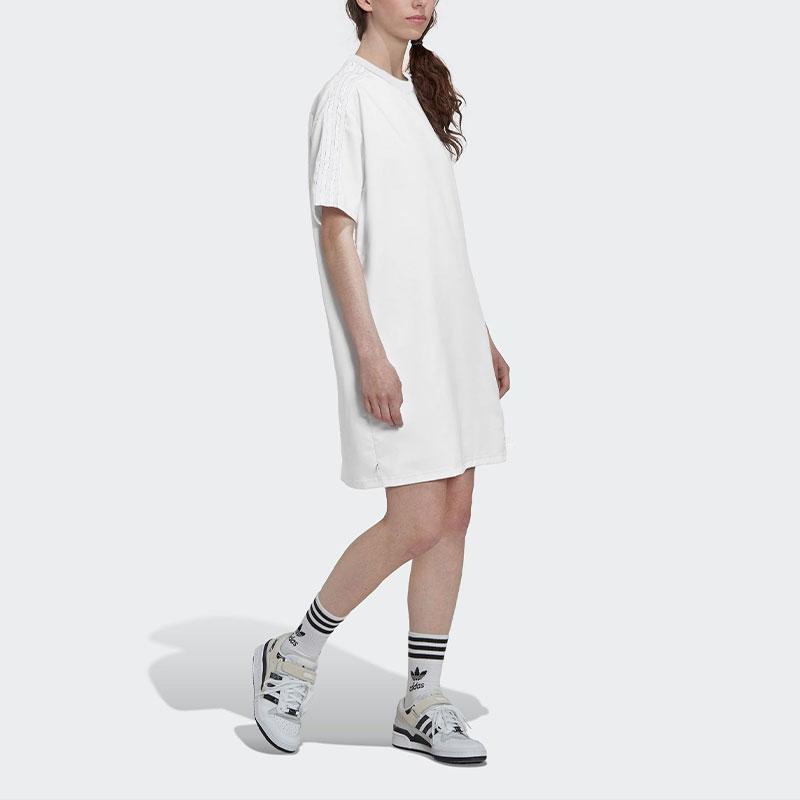 Adidas Originals Side Stripe Tie Round Neck Short Sleeve Dress Women Dress White HK5080