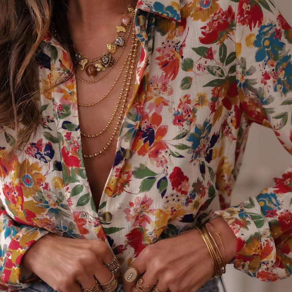 

Women s Bohemian Floral Printed Long Sleeve Turn Down Collar Button Down Shirt Casual Blouse Top 2XL