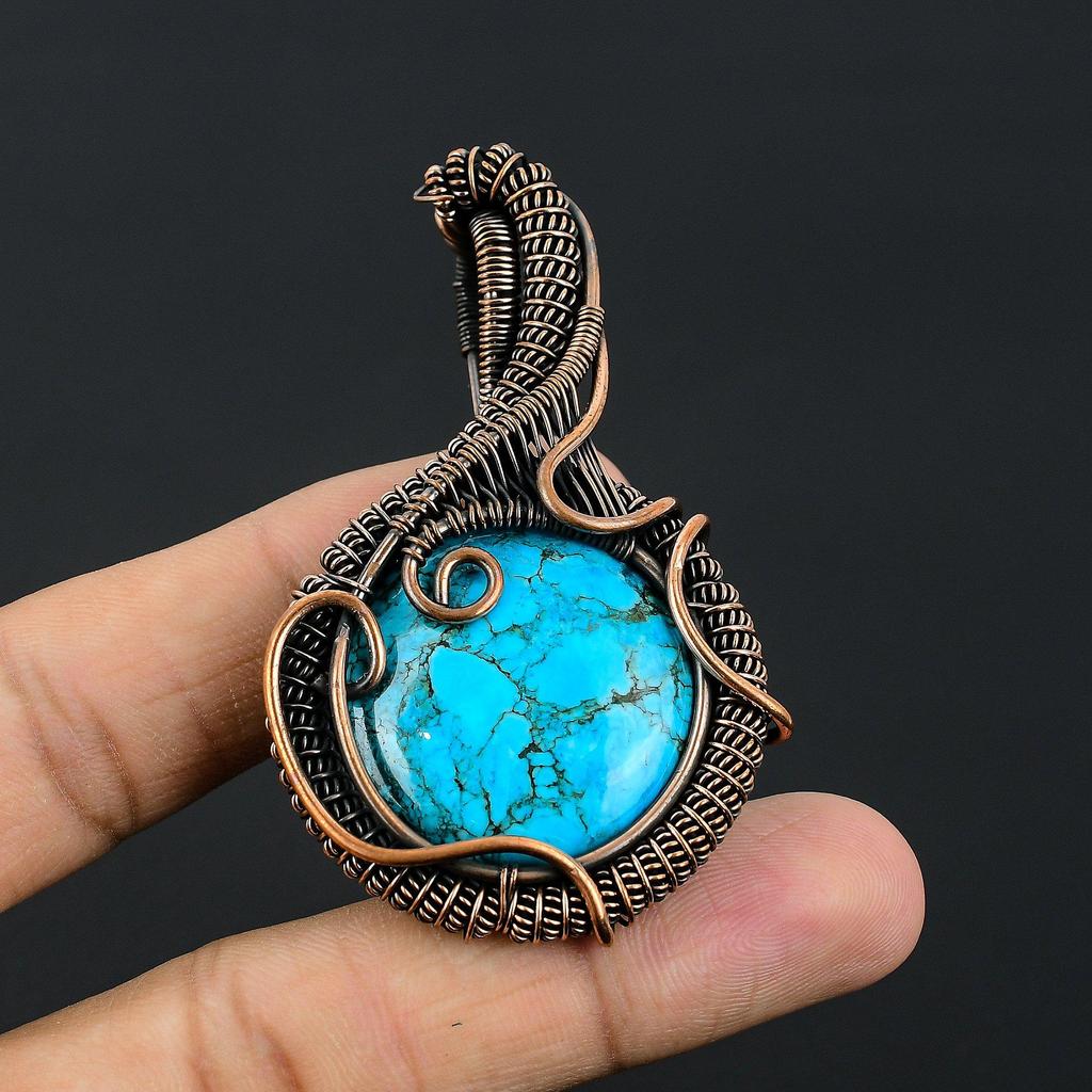 Tibetan Turquoise Pendant, 999 Copper Wire Wrapped Gemstone Jewelry, Handmade Pendant, For Thanksgiving