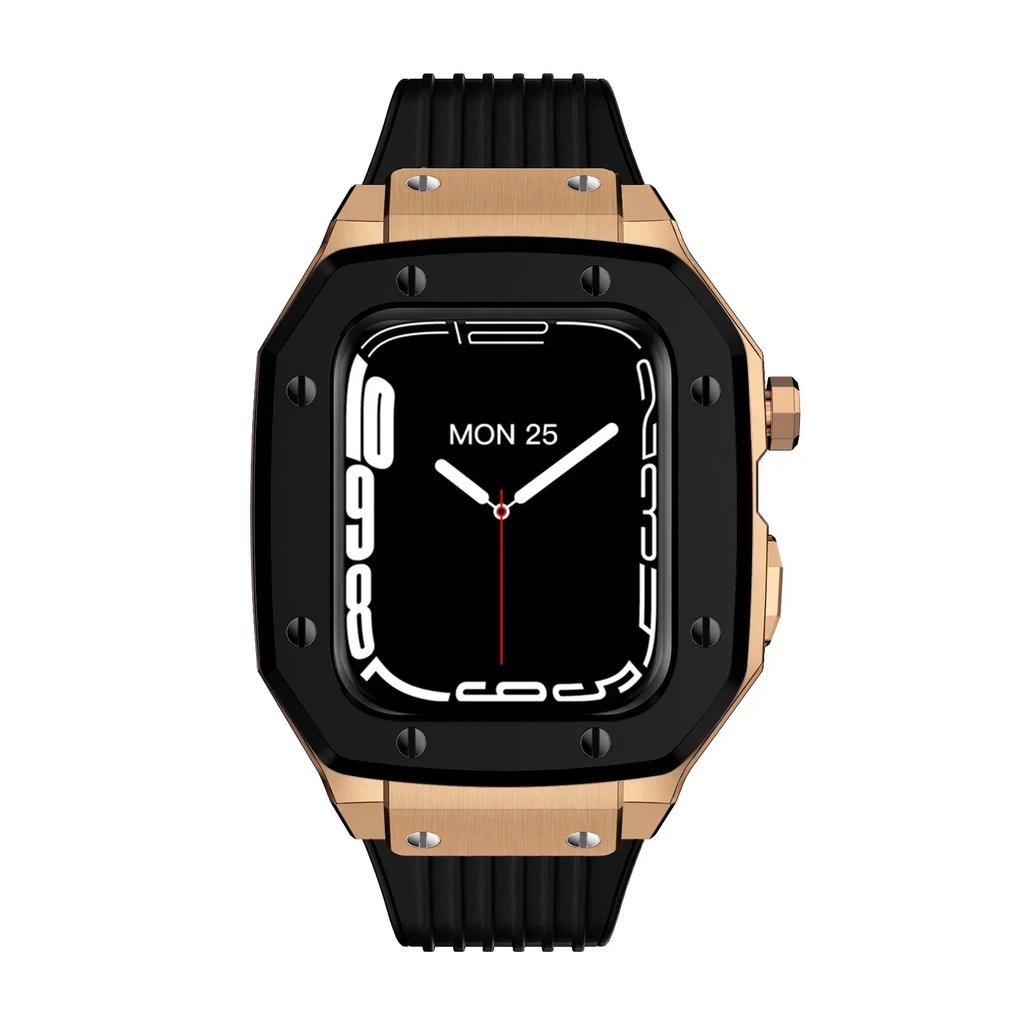 Paslanmaz Çelik Kasa+Kauçuk Kayış IWatch 9 45mm 44MM için Silikon Bant Modifikasyon Kiti Apple Watch Serisi 9 6 5 4 SE 8 7 45 için
