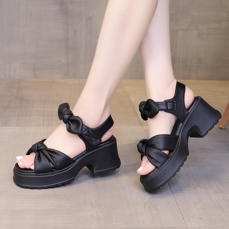 Women's Shoes Outdoor One Word Sandals for Woman Roman Style Black Bow Footwear Summer 2025 Platform with Youthful Emo Offer