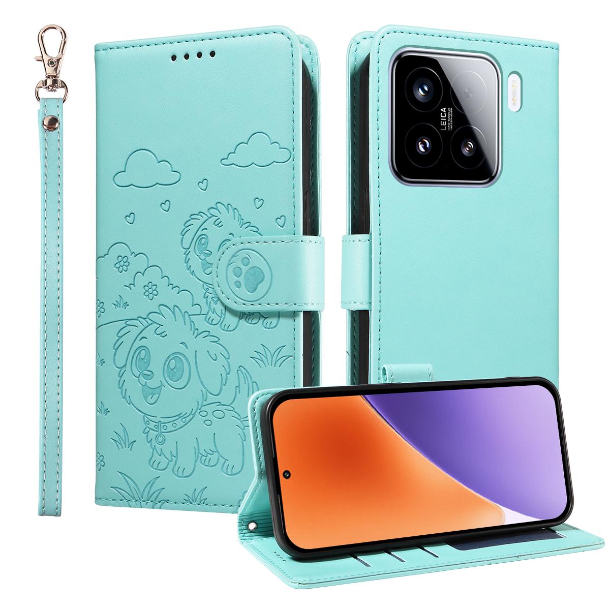 

For Xiaomi 15 Case RFID Blocking Imprinted Dog Pattern PU Leather Phone Cover with Wrist Strap Green