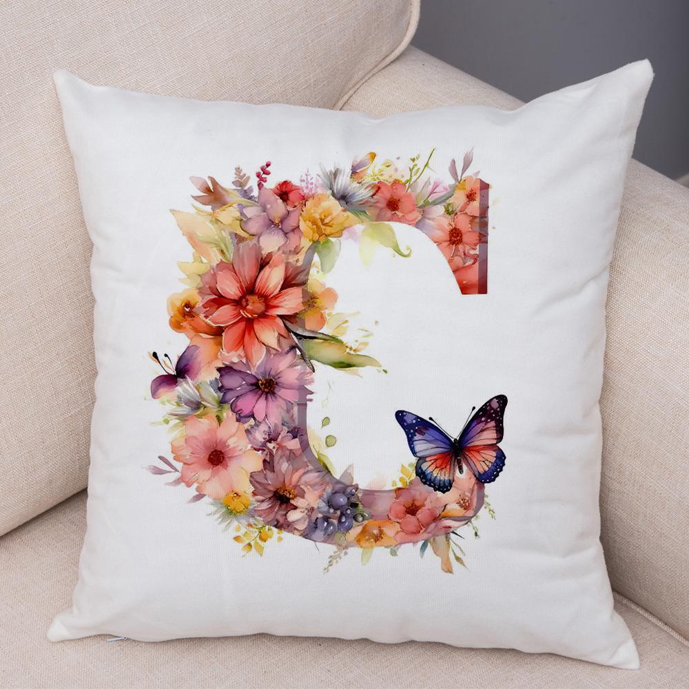 Floral Letter J Pillowcase Double Print Watercolor Letter U Cushion Cover Soft Plush Flower Letter D Pillowcase for Sofa Home
