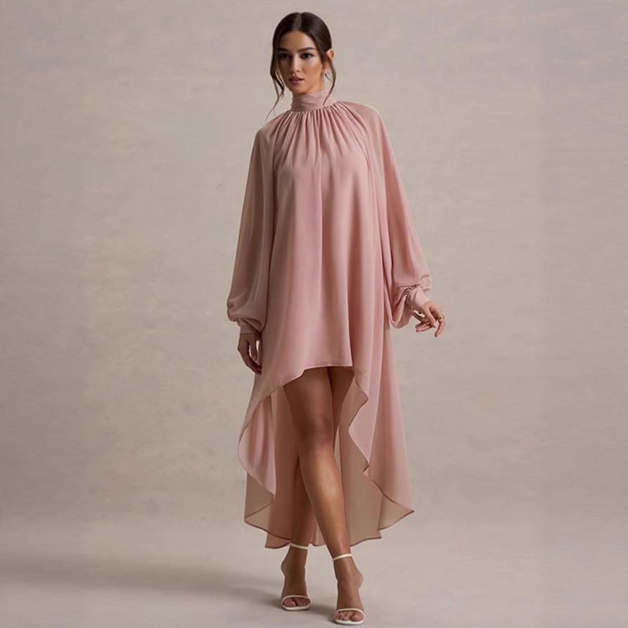 Elegant Women's Long Sleeve High Neck Pleated Dress