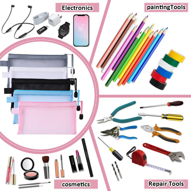 10pcs Transparent Mesh Cosmetics Makeup Bag Multifunctional Zipper File Bag Organizer (5 Colors
