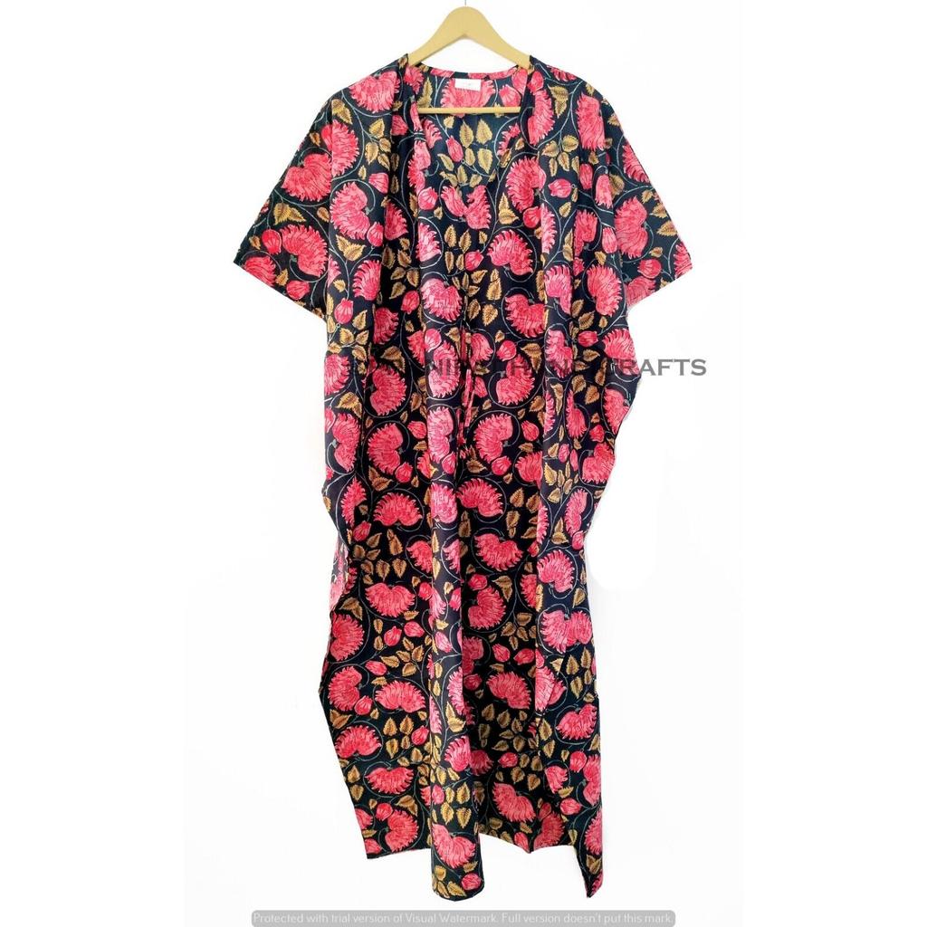 Women Hippie Summer Cotton Sleepwear Floral Print Black Long Maxi Caftan Dress CKFTN-SCRN-FULL-BUYIT-141