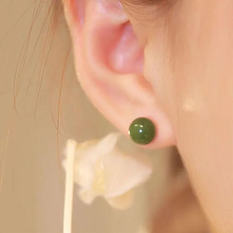 PANJBJ 925 Sterling Silver Hotan Jade Stud Earring for Women Girl Round Vintage Luxury Jewelry Banquet Gift Dropshipping
