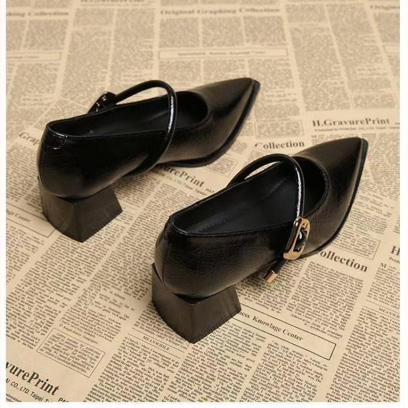 Premium  Mary Janes French Vintage Pointed Toe Pumps Chunky Heel Single Strap Shoes Buckle Decor