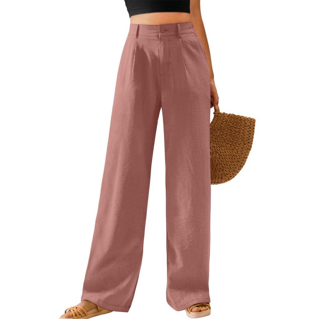 Pantaloni larghi casual da donna, a vita alta, con bottoni, dritti, lunghi, palazzo
