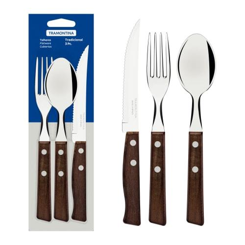 Tramontina Traditional 3-Piece Set: 21cm Steak Knife with Heavy-Duty Natural Wood Handle, 19cm Table Fork, and 19cm Table Spoon. Triple-Tempered, Ligh