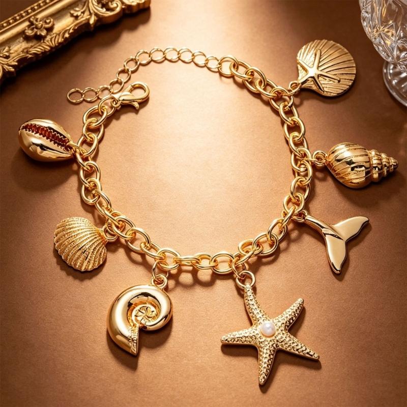 Shell Starfish Bracelet for Women Gold Tone Link Chain with Ocean Tail Detail, Adjustable Wrist Jewelry for Beach Vacation Outfits