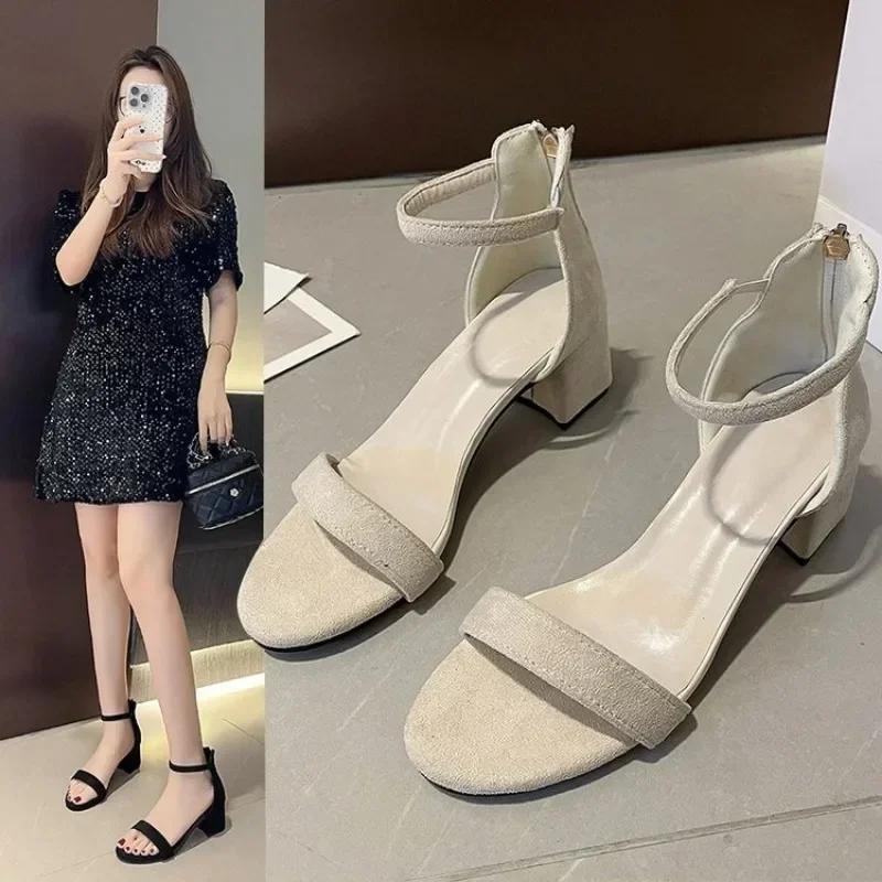 Beige High Heels Sandals Women Summer Shoes Ladies Fashion Open Toe Buckle Sandals Casual Square Heel Zapatos De Mujer Slides