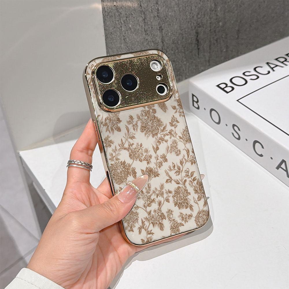 Lucky Start Phone Case For iPhone 17 16 15 14 13 12 11 Pro Max 16E Gold Electroplated Glass Shell  Beige Peony Cover