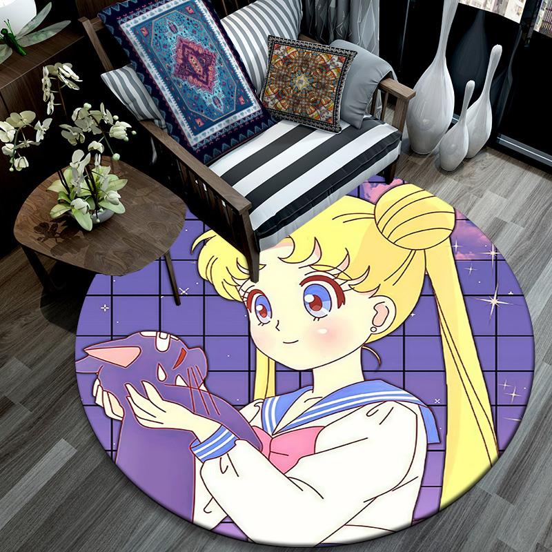 Sailor Moon Round Area Rug,Carpet Rug for Living Room Bedroom Sofa Playroom Decor,Non-slip Floor Mat