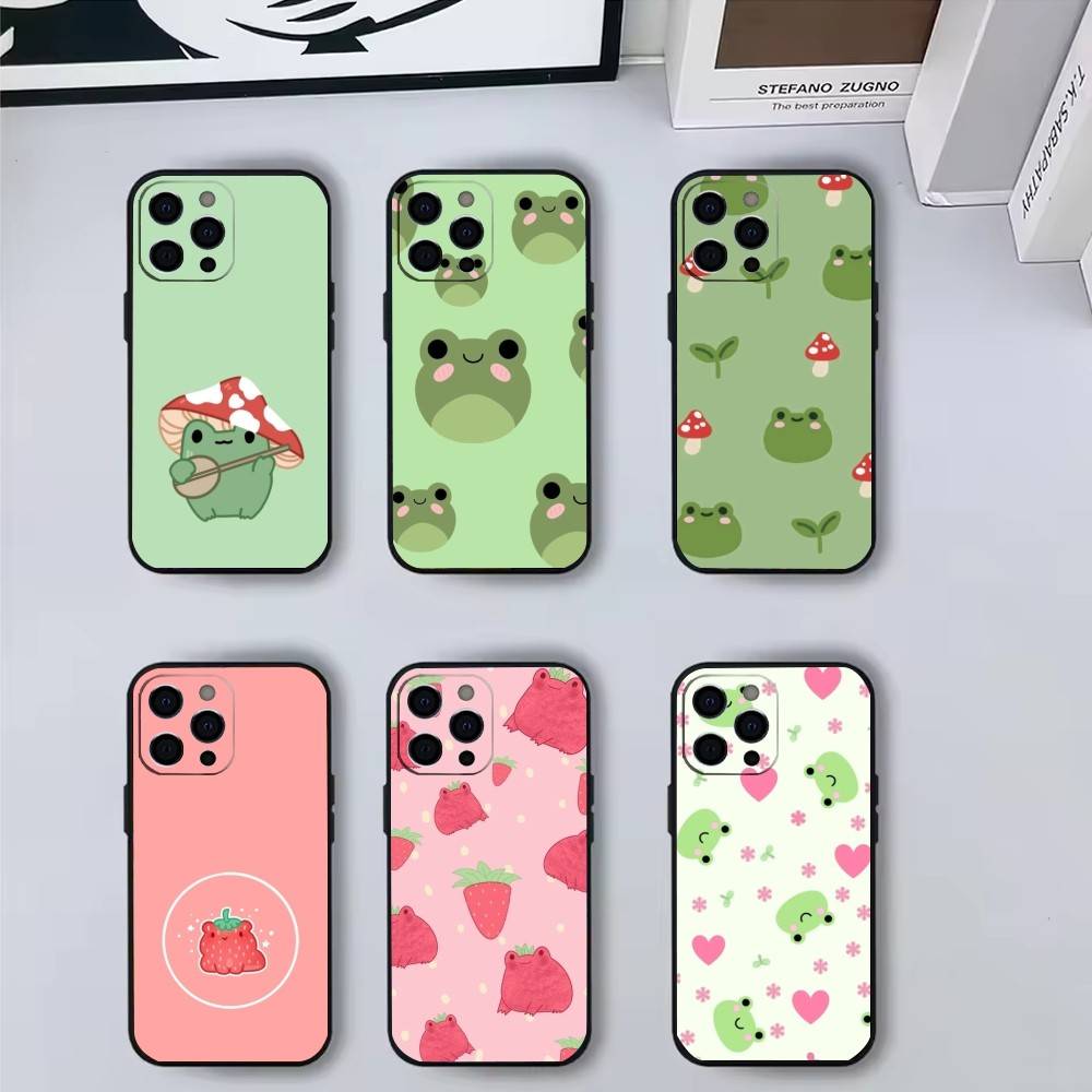 Cartoon F-Frog12 S-Strawberry Phone Case For iPhone17,16,15,14,13,12,11 Plus,Pro Max Soft Black Cover