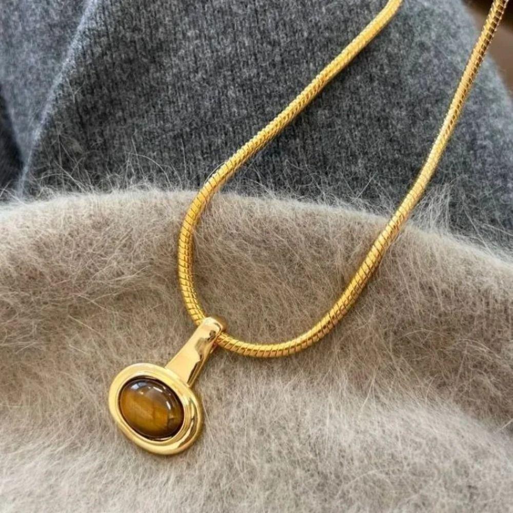Tiger Eye Stone Pendant Necklace Titanium Steel Women Necklace Sweater Chain  Jewelry Accessories